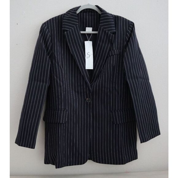 Silk & Salt Women's Sz Large Navy Blue Pinstripe My New Suit Coat Blazer Jacket - Picture 1 of 5